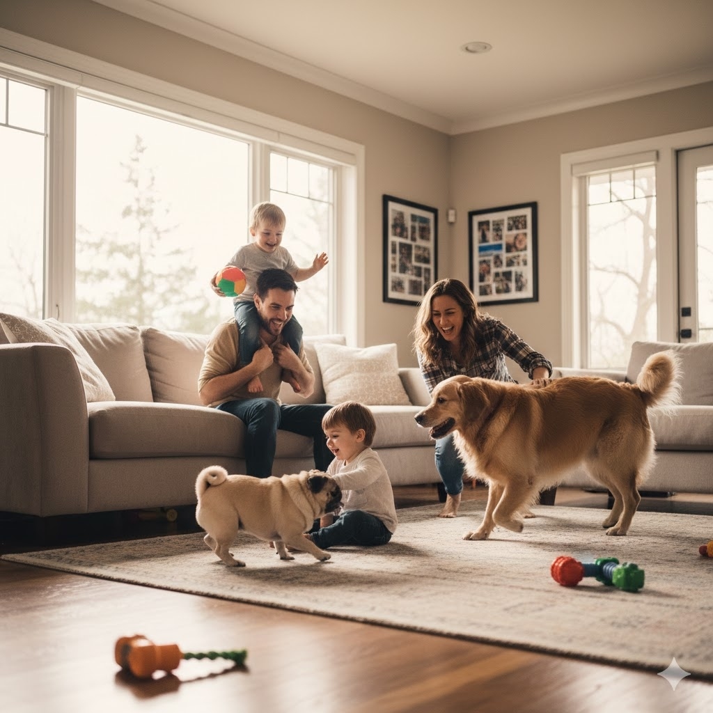 Smart home security AI monitoring a family home with real-time alerts